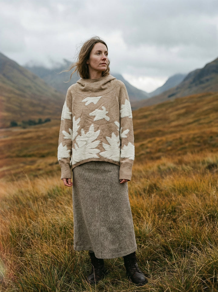 Luxury Embroidered Cashmere Hooded Jumper – Oversized High-Low Knit with Floral Detail (UK 8-14)