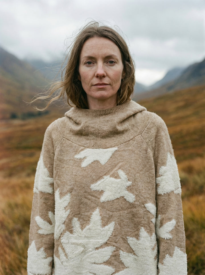 Luxury Embroidered Cashmere Hooded Jumper – Oversized High-Low Knit with Floral Detail (UK 8-14)