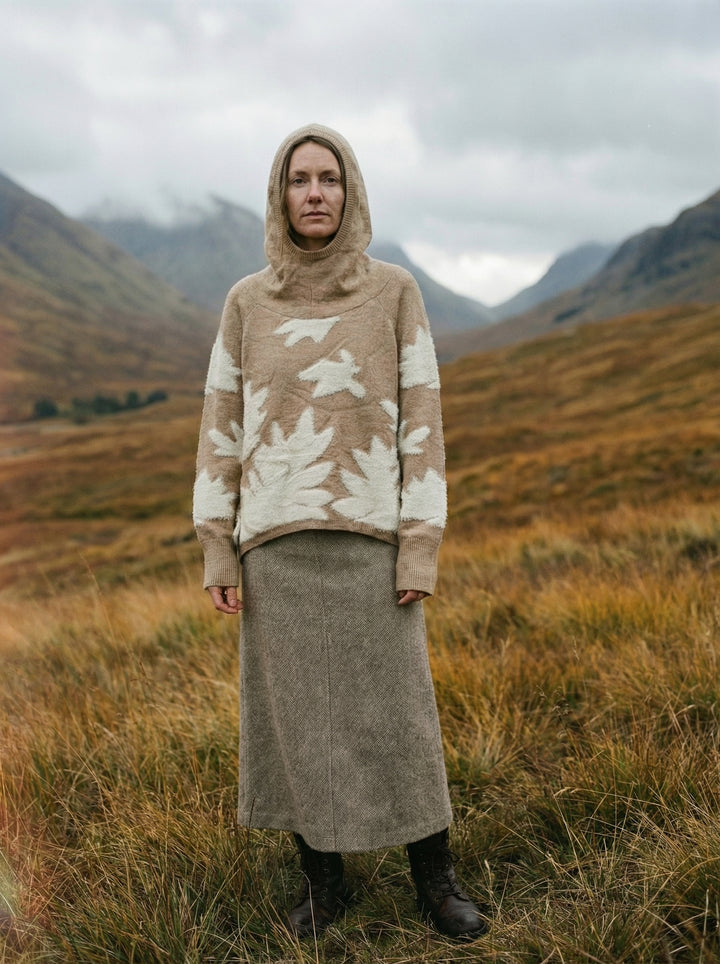 Luxury Embroidered Cashmere Hooded Jumper – Oversized High-Low Knit with Floral Detail (UK 8-14)