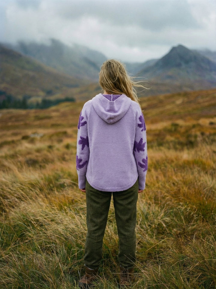 Luxury Embroidered Cashmere Hooded Jumper – Oversized High-Low Knit with Floral Detail (UK 8-14)