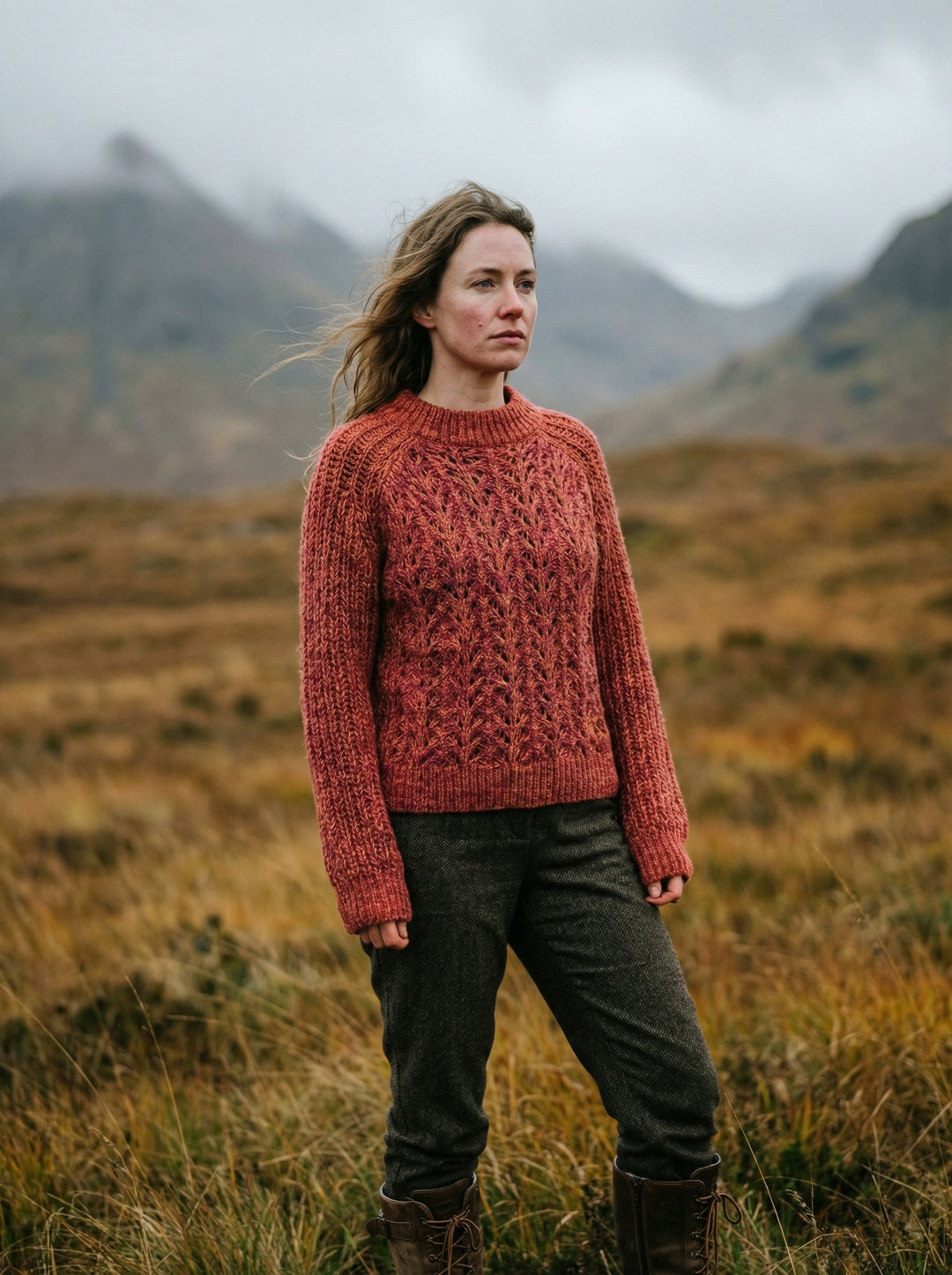 Luxury Cashmere & Wool Pointelle Knit Jumper – Scalloped Mock-Neck & Diamond Detail (UK 8-14) Red