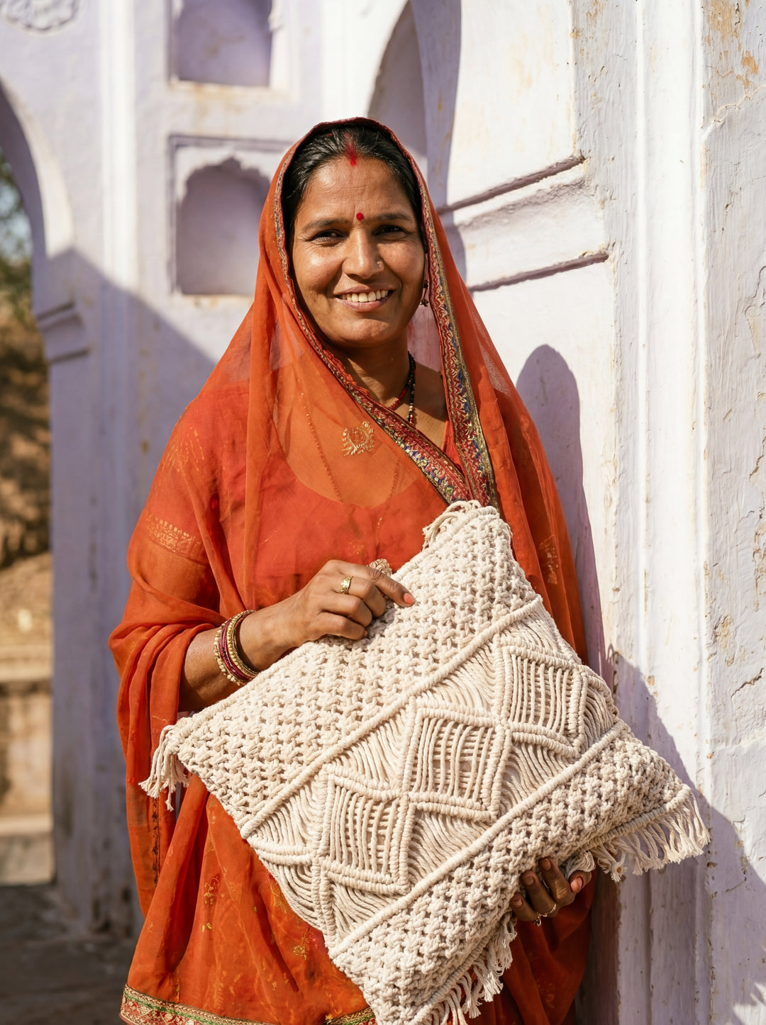 The Tribal Fringe: 18" Square Hand-Loomed Cushion – Intricate Macramé & Fringe Detail