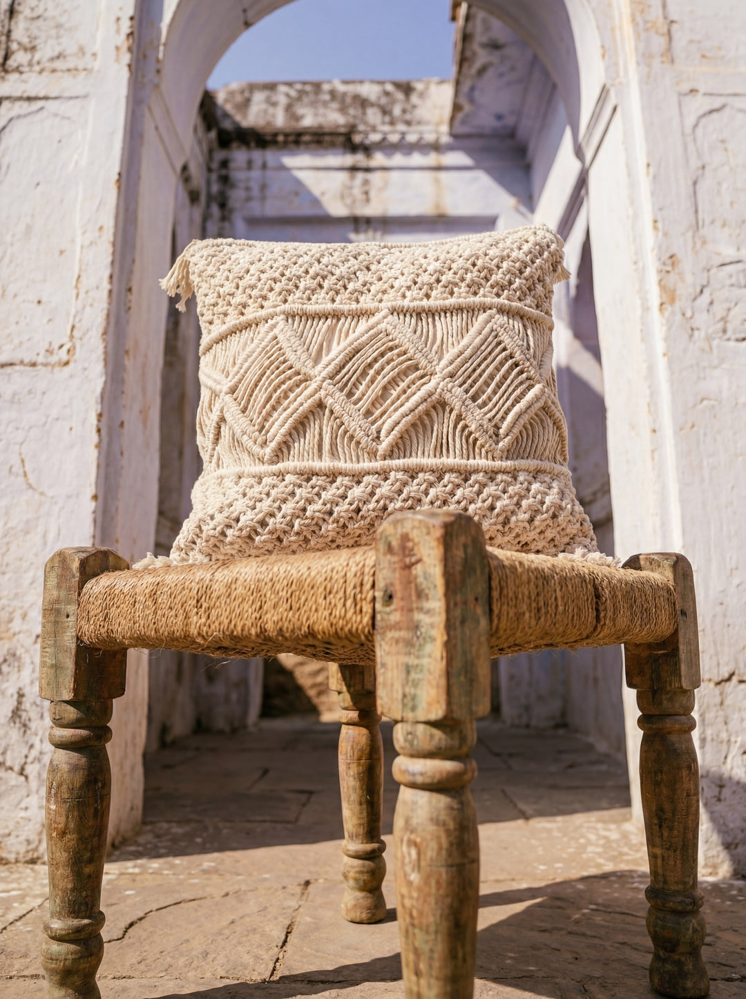 The Tribal Fringe: 18" Square Hand-Loomed Cushion – Intricate Macramé & Fringe Detail