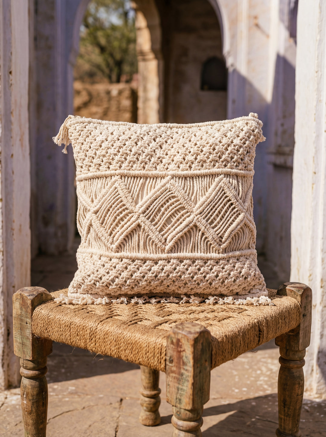 The Tribal Fringe: 18" Square Hand-Loomed Cushion – Intricate Macramé & Fringe Detail