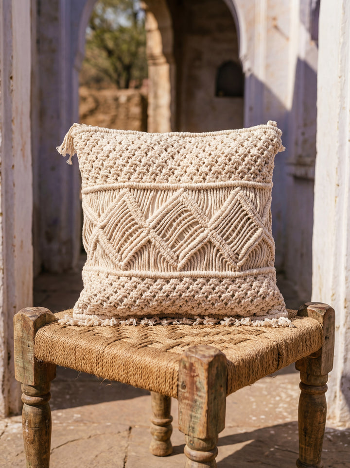 The Tribal Fringe: 18" Square Hand-Loomed Cushion – Intricate Macramé & Fringe Detail