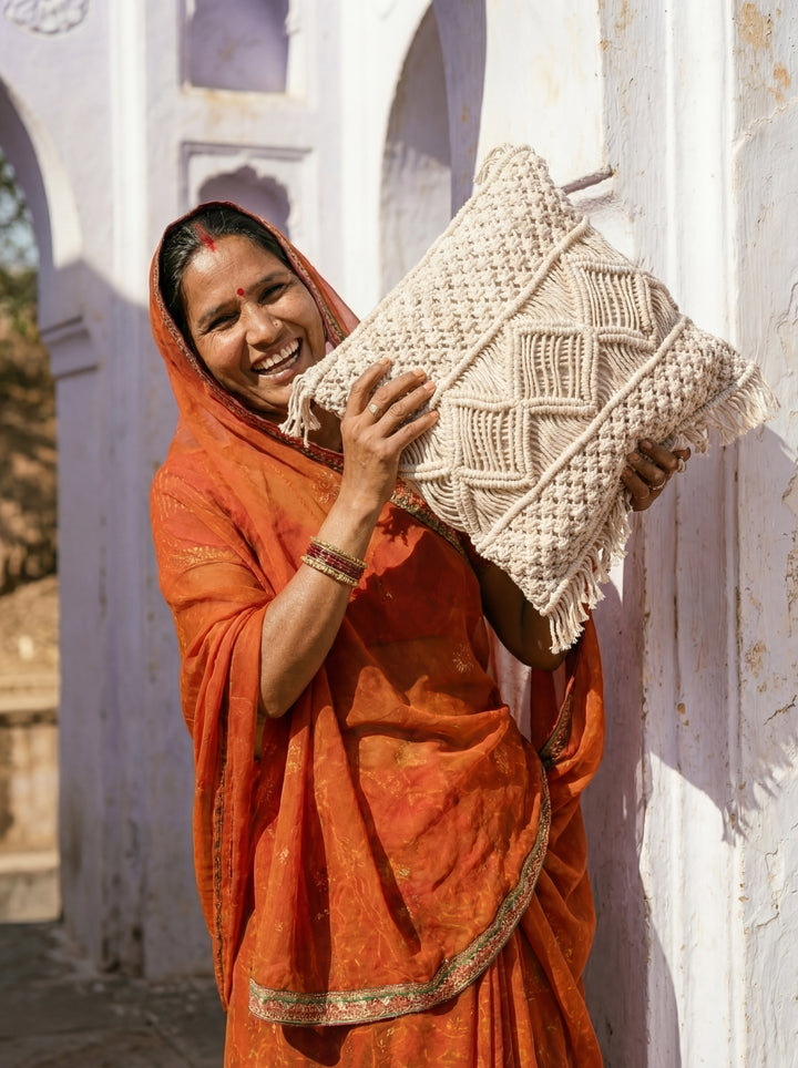 The Tribal Fringe: 18" Square Hand-Loomed Cushion – Intricate Macramé & Fringe Detail