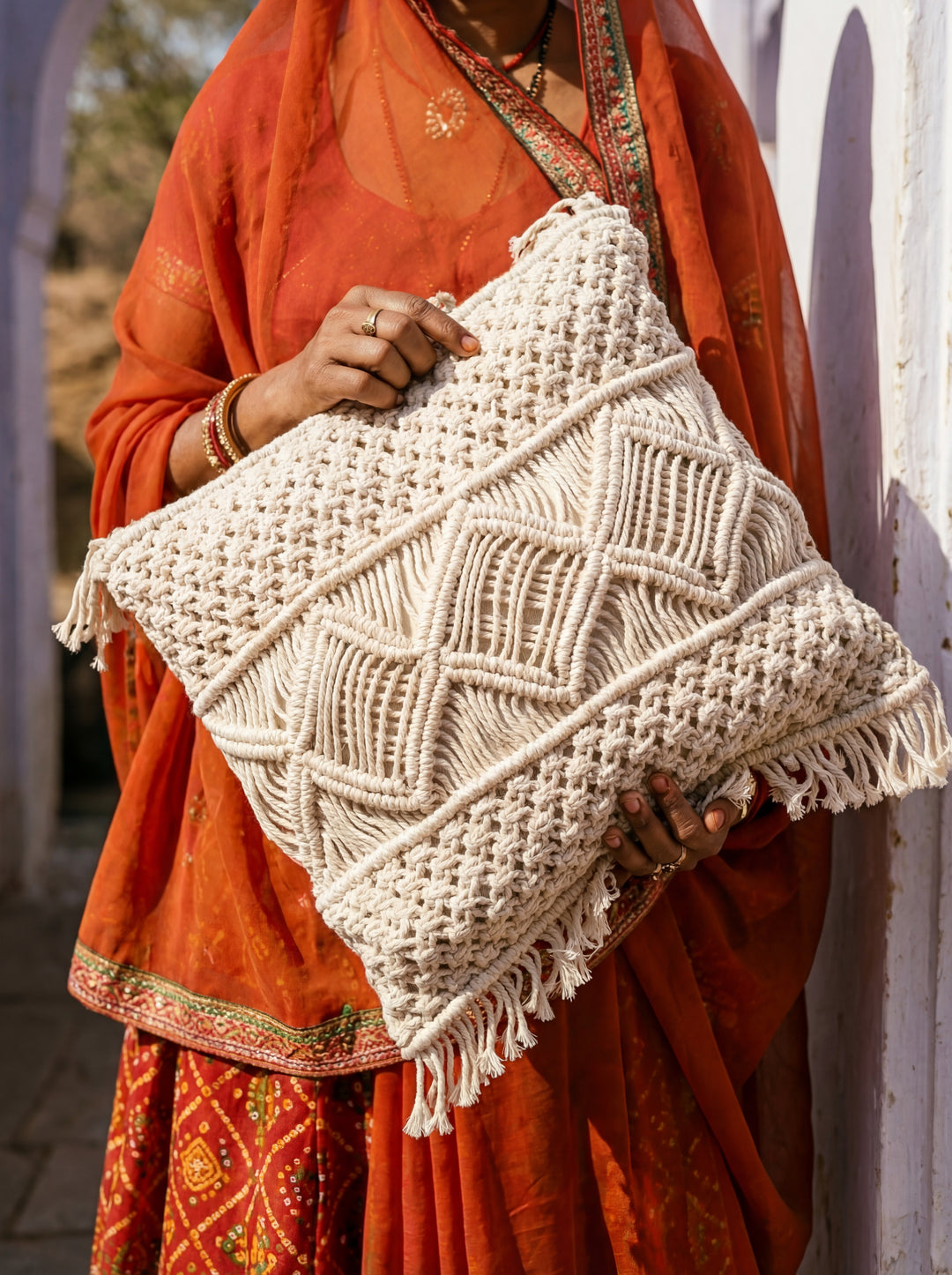 The Tribal Fringe: 18" Square Hand-Loomed Cushion – Intricate Macramé & Fringe Detail