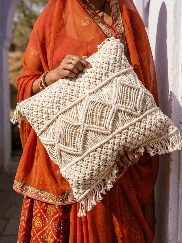 The Tribal Fringe: 18" Square Hand-Loomed Cushion – Intricate Macramé & Fringe Detail