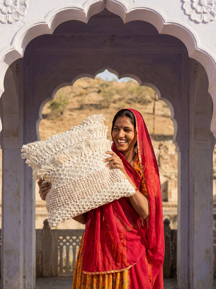 The Artisan’s Touch: 18x18" Hand-Woven Macramé Cushion Cover – Ivory Cotton Textured Pillow