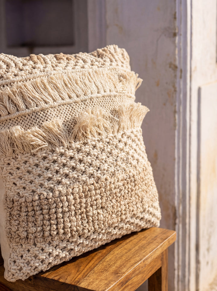 The Artisan’s Touch: 18x18" Hand-Woven Macramé Cushion Cover – Ivory Cotton Textured Pillow