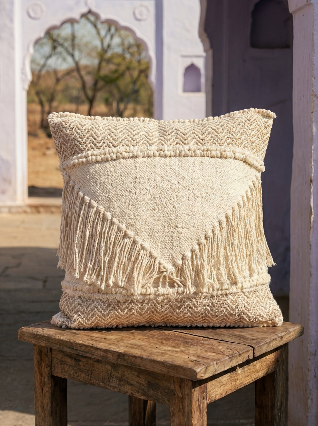 The Tassel Statement: Boho Fringe Textured Cushion Cover – 18" Square Hand-Woven Cotton