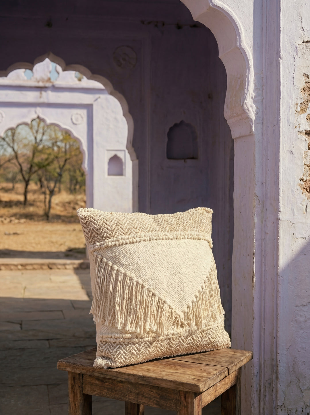 The Tassel Statement: Boho Fringe Textured Cushion Cover – 18" Square Hand-Woven Cotton