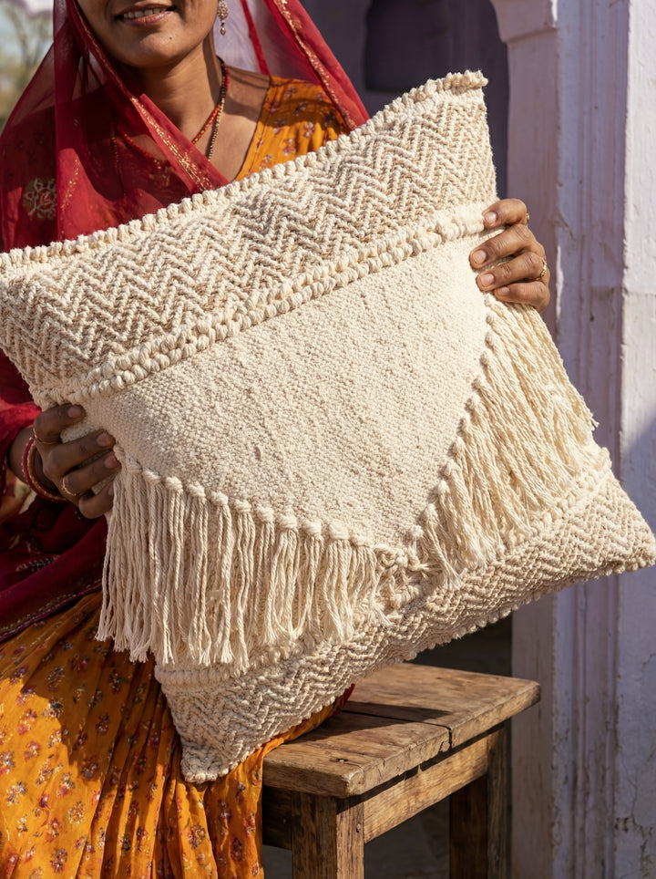 The Tassel Statement: Boho Fringe Textured Cushion Cover – 18" Square Hand-Woven Cotton