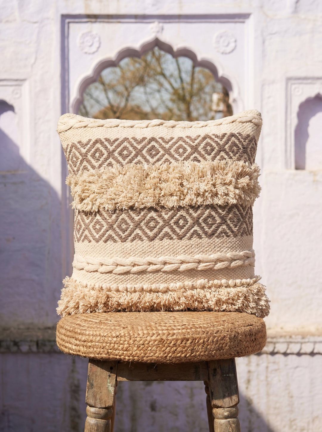 The Earthy Minimalist: Ivory Hand-Woven Cotton Cushion Cover – 18x18" Ethically Sourced