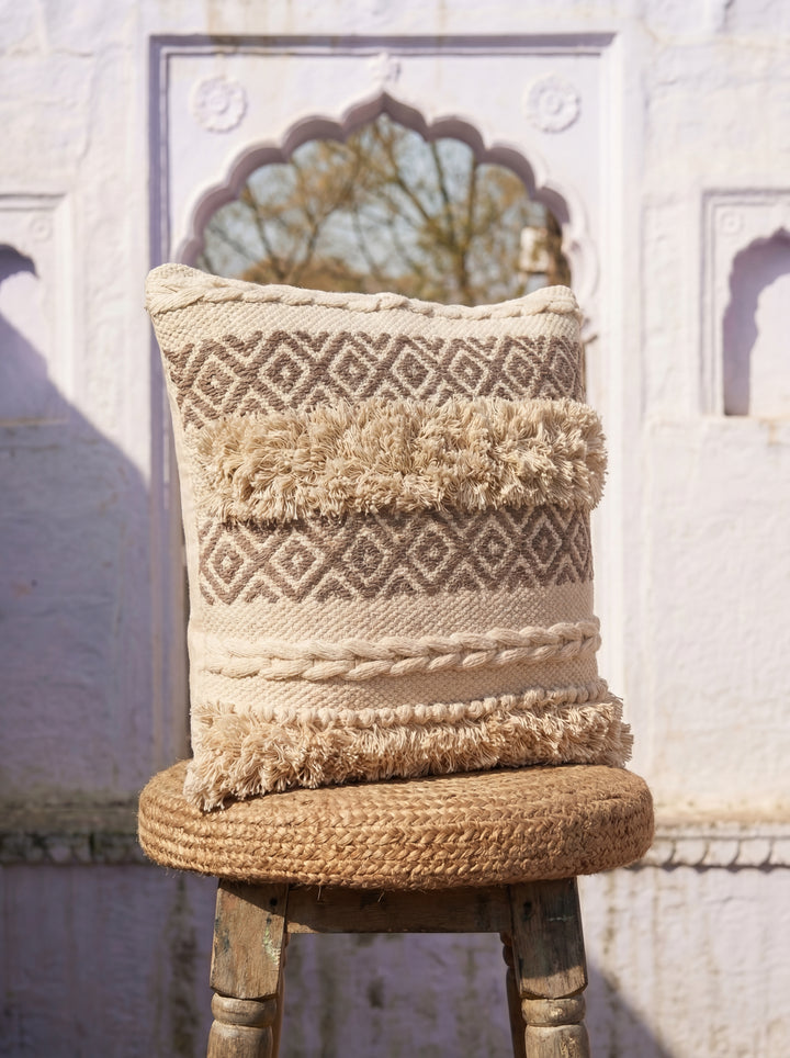 The Earthy Minimalist: Ivory Hand-Woven Cotton Cushion Cover – 18x18" Ethically Sourced