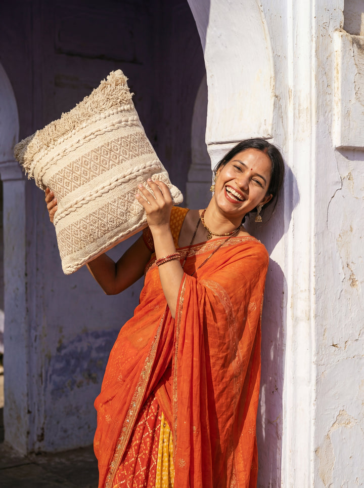 The Village Craft: 18" Hand-Loomed Macramé Throw Pillow – Supporting Women Empowerment