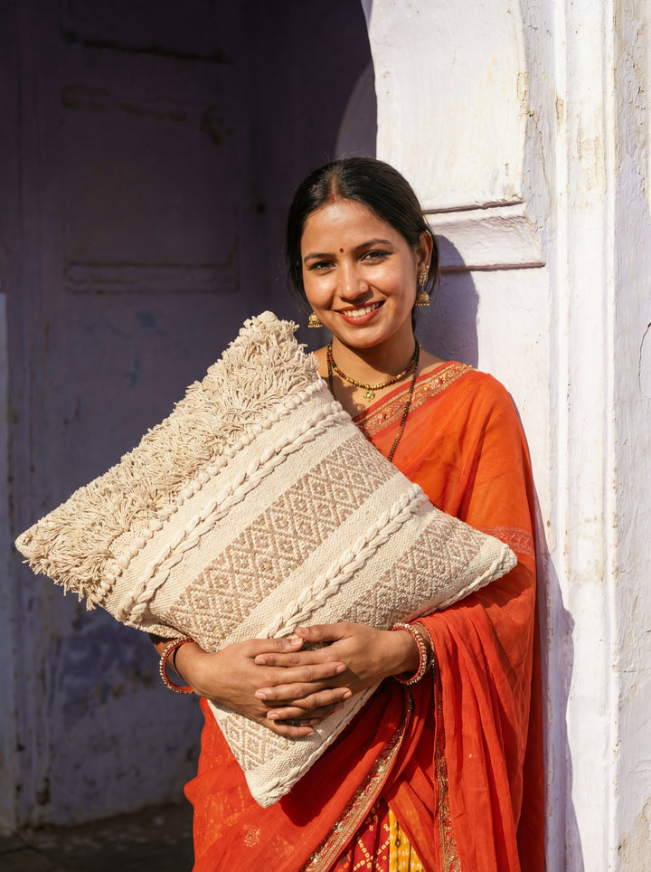 The Village Craft: 18" Hand-Loomed Macramé Throw Pillow – Supporting Women Empowerment