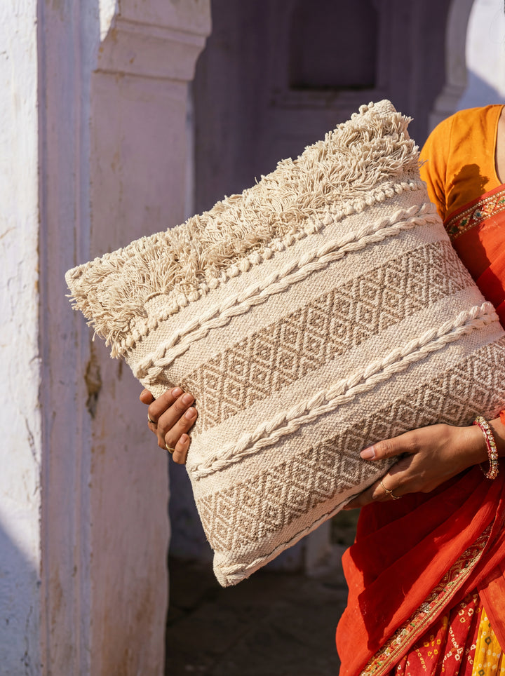 The Village Craft: 18" Hand-Loomed Macramé Throw Pillow – Supporting Women Empowerment