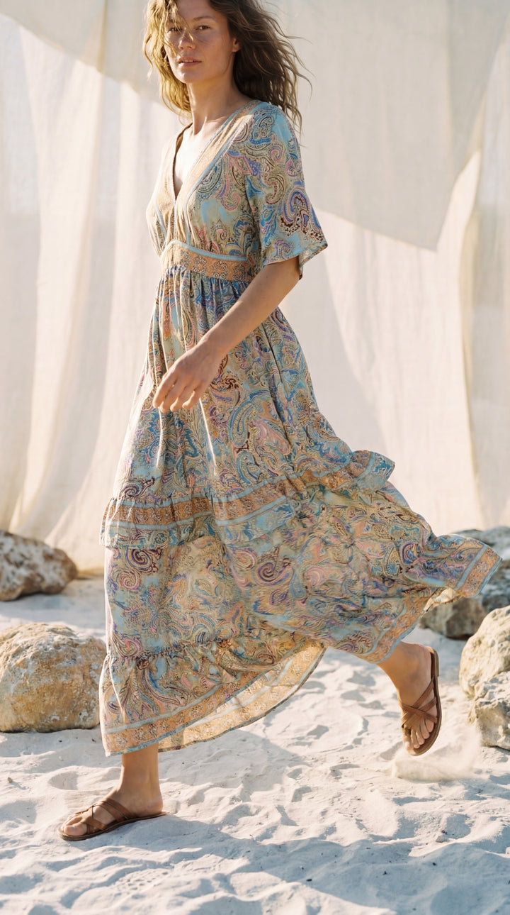 The "Maya" Open-Back Gown – Aqua Paisley Silk with Ruffle Hem