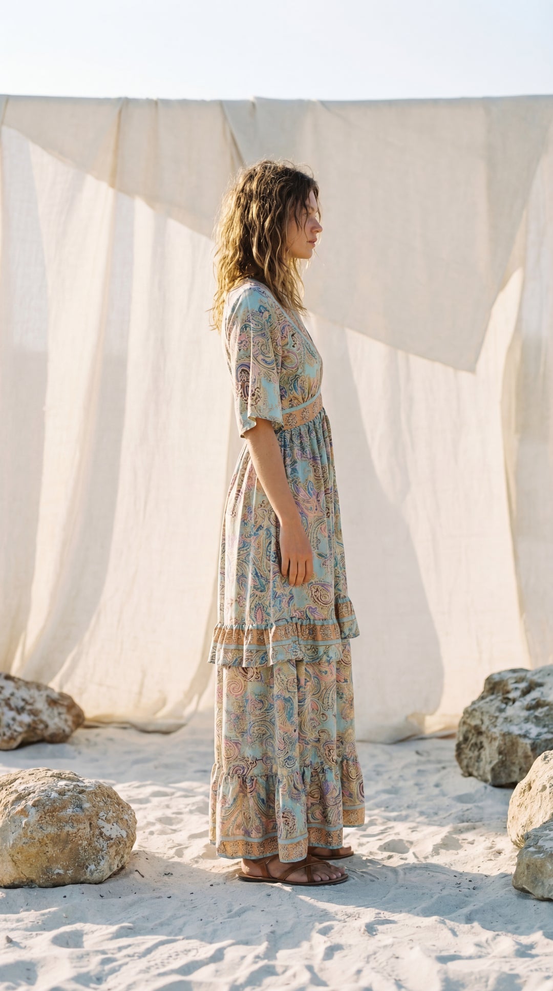 The "Maya" Open-Back Gown – Aqua Paisley Silk with Ruffle Hem