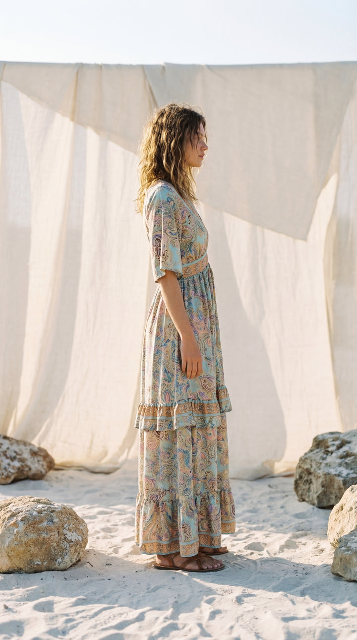 The "Maya" Open-Back Gown – Aqua Paisley Silk with Ruffle Hem