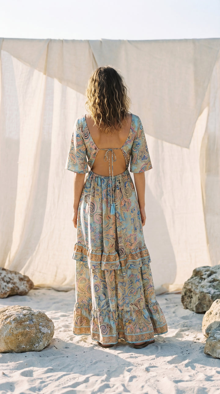 The "Maya" Open-Back Gown – Aqua Paisley Silk with Ruffle Hem
