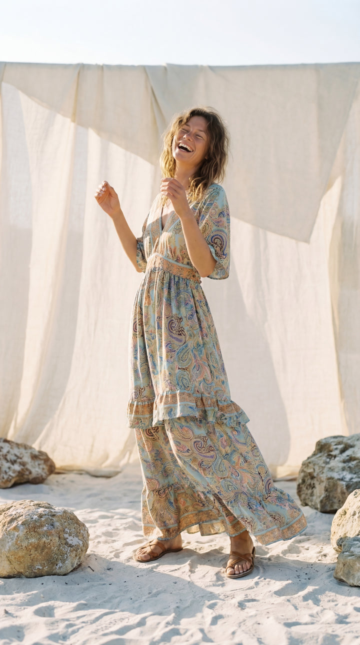 The "Maya" Open-Back Gown – Aqua Paisley Silk with Ruffle Hem