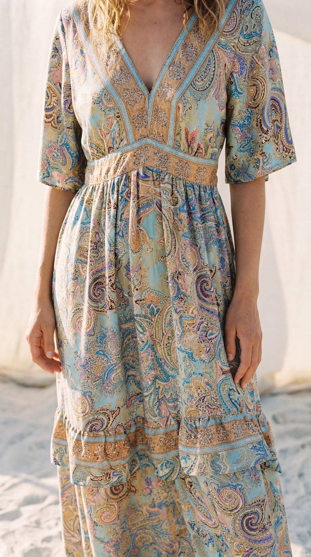 The "Maya" Open-Back Gown – Aqua Paisley Silk with Ruffle Hem