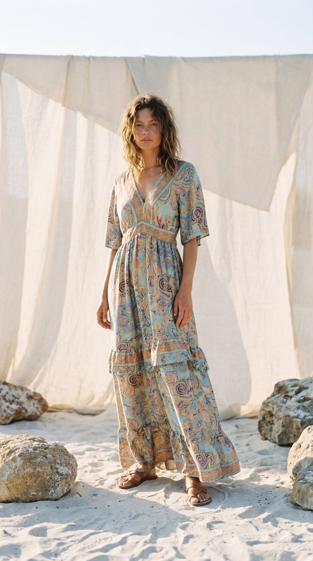 The "Maya" Open-Back Gown – Aqua Paisley Silk with Ruffle Hem