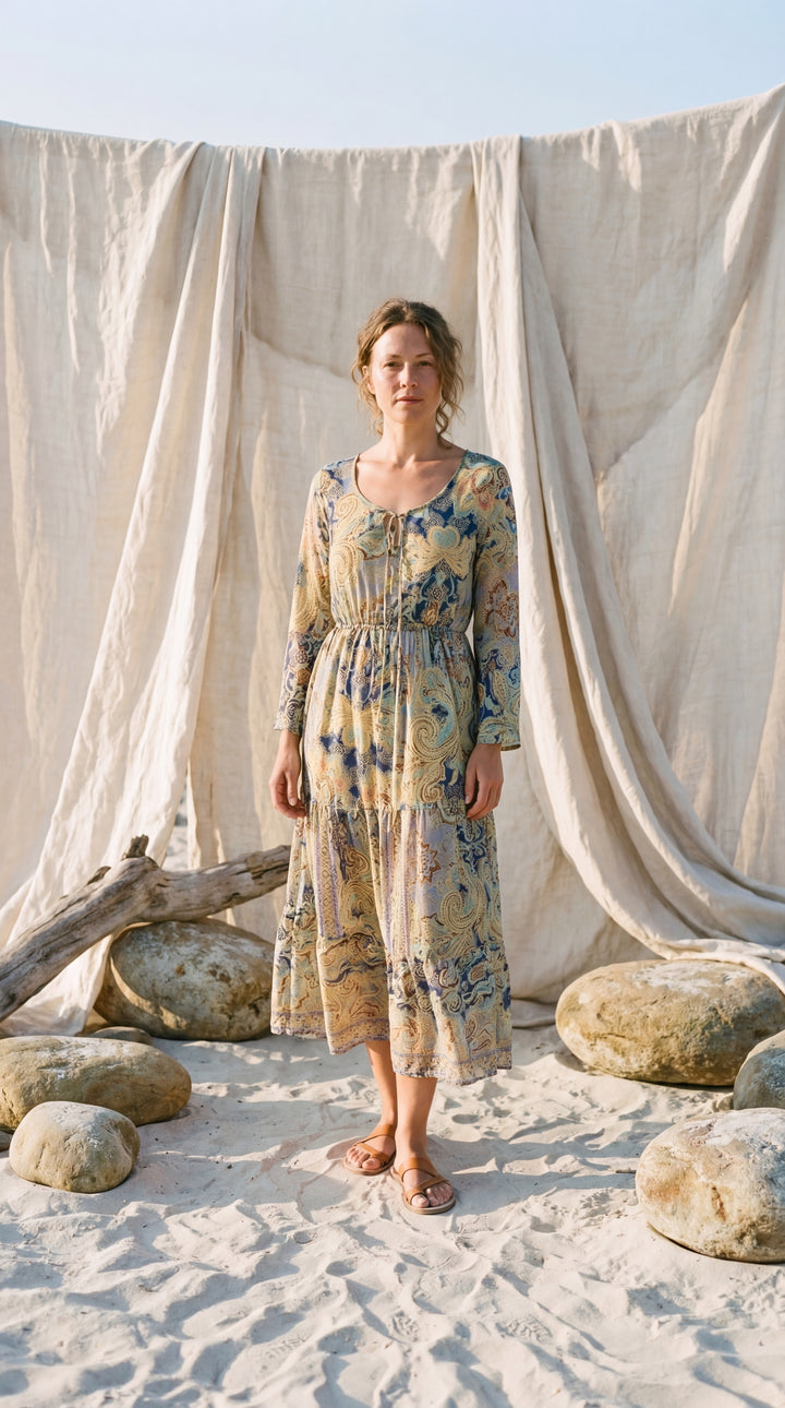 The "Kavita" Tiered Silk Boho Dress– Available in Sun-Kissed Yellow, Teal Green & Ruby Red