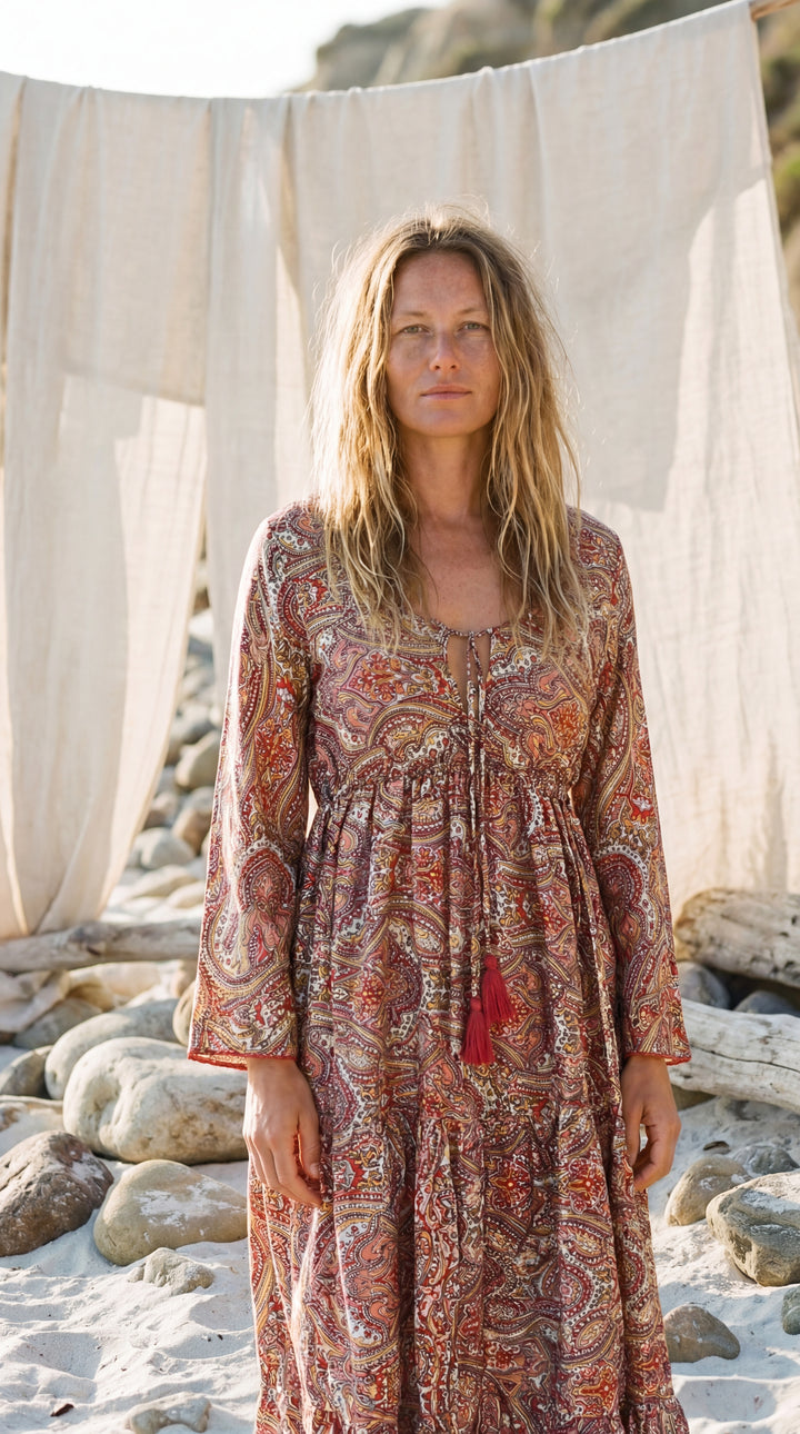 The "Kavita" Tiered Silk Boho Dress– Available in Sun-Kissed Yellow, Teal Green & Ruby Red