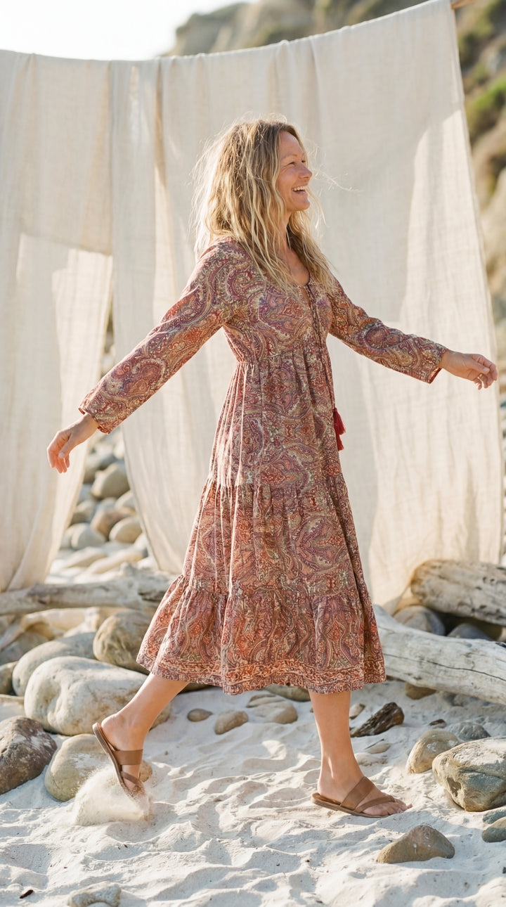 The "Kavita" Tiered Silk Boho Dress– Available in Sun-Kissed Yellow, Teal Green & Ruby Red