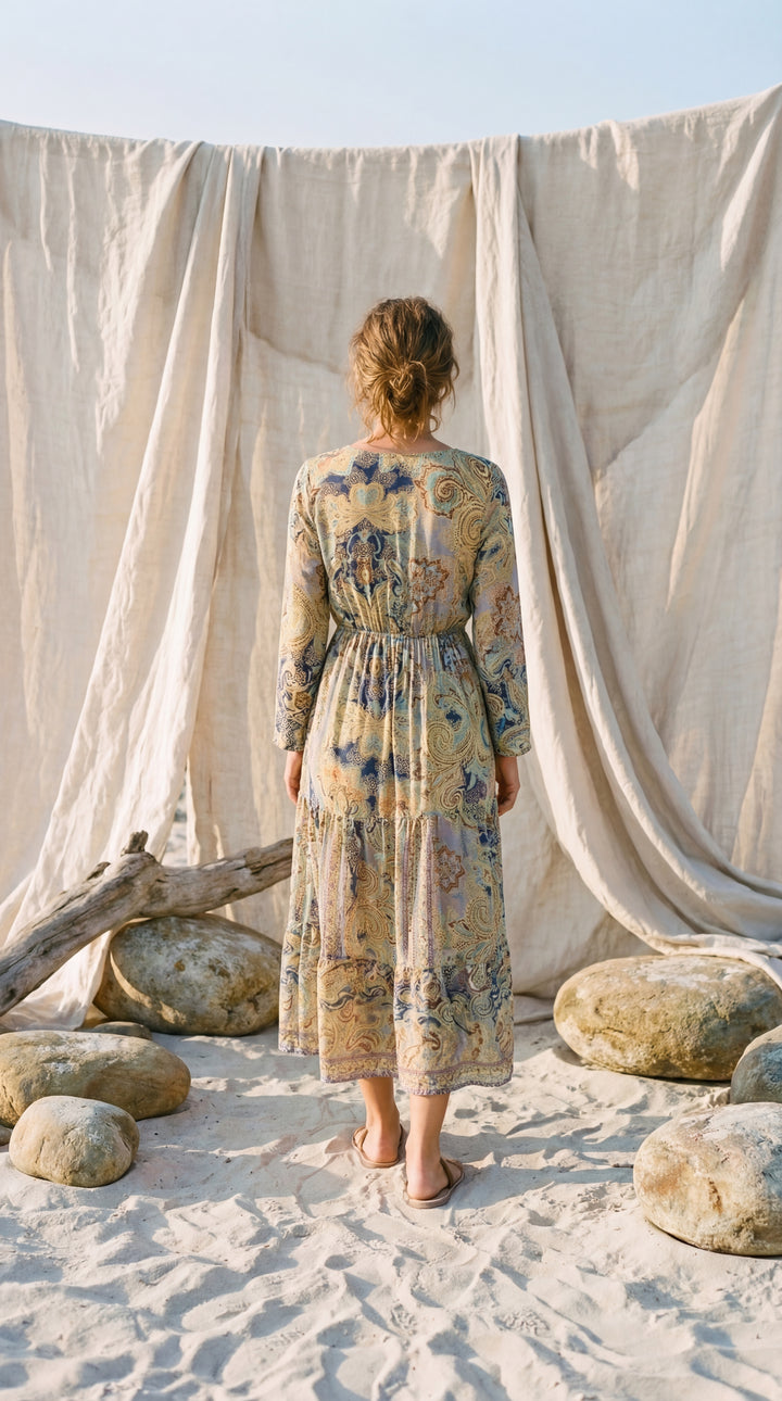 The "Kavita" Tiered Silk Boho Dress– Available in Sun-Kissed Yellow, Teal Green & Ruby Red