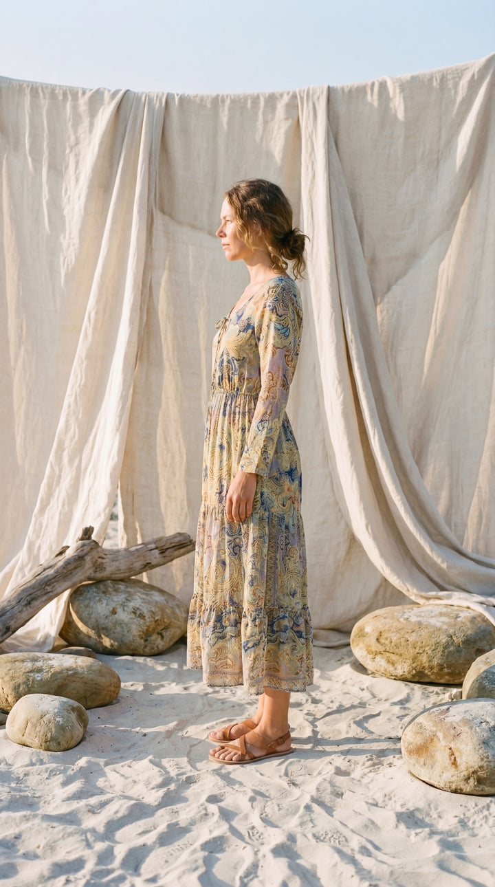 The "Kavita" Tiered Silk Boho Dress– Available in Sun-Kissed Yellow, Teal Green & Ruby Red