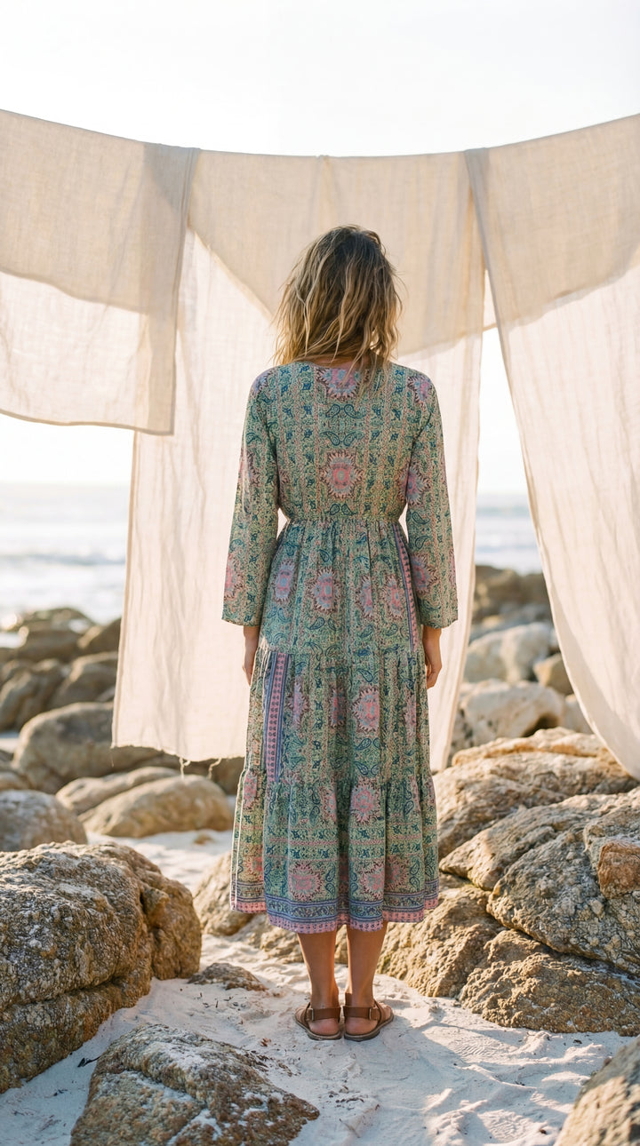 The "Kavita" Tiered Silk Boho Dress– Available in Sun-Kissed Yellow, Teal Green & Ruby Red