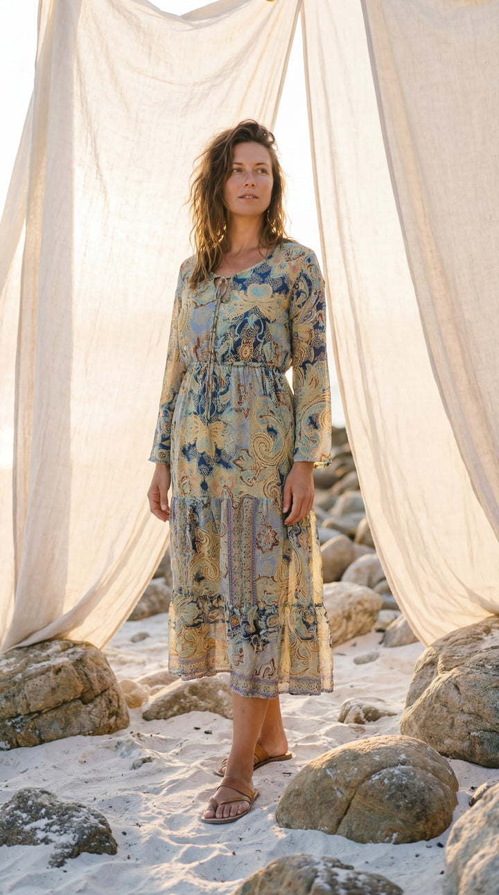 The "Kavita" Tiered Silk Boho Dress– Available in Sun-Kissed Yellow, Teal Green & Ruby Red