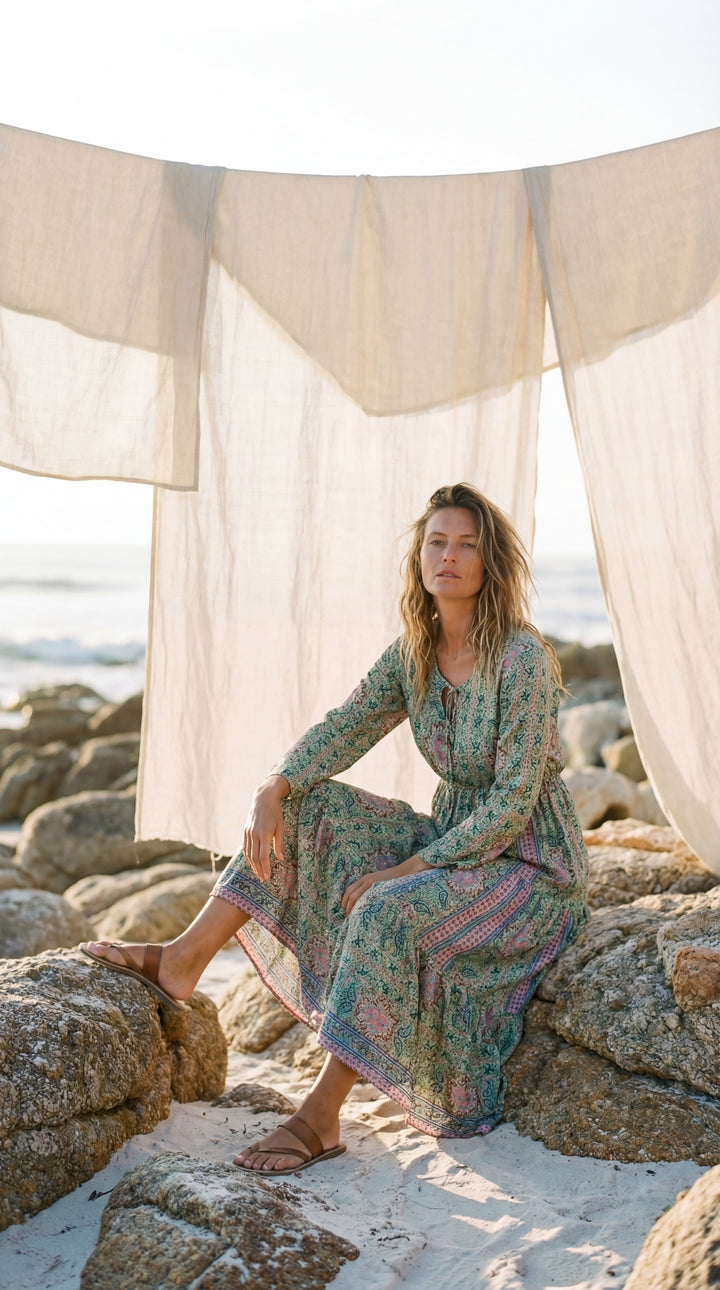 The "Kavita" Tiered Silk Boho Dress– Available in Sun-Kissed Yellow, Teal Green & Ruby Red