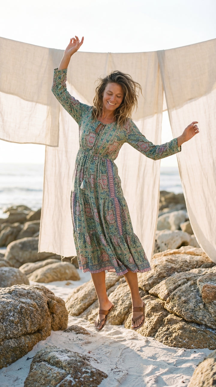 The "Kavita" Tiered Silk Boho Dress– Available in Sun-Kissed Yellow, Teal Green & Ruby Red