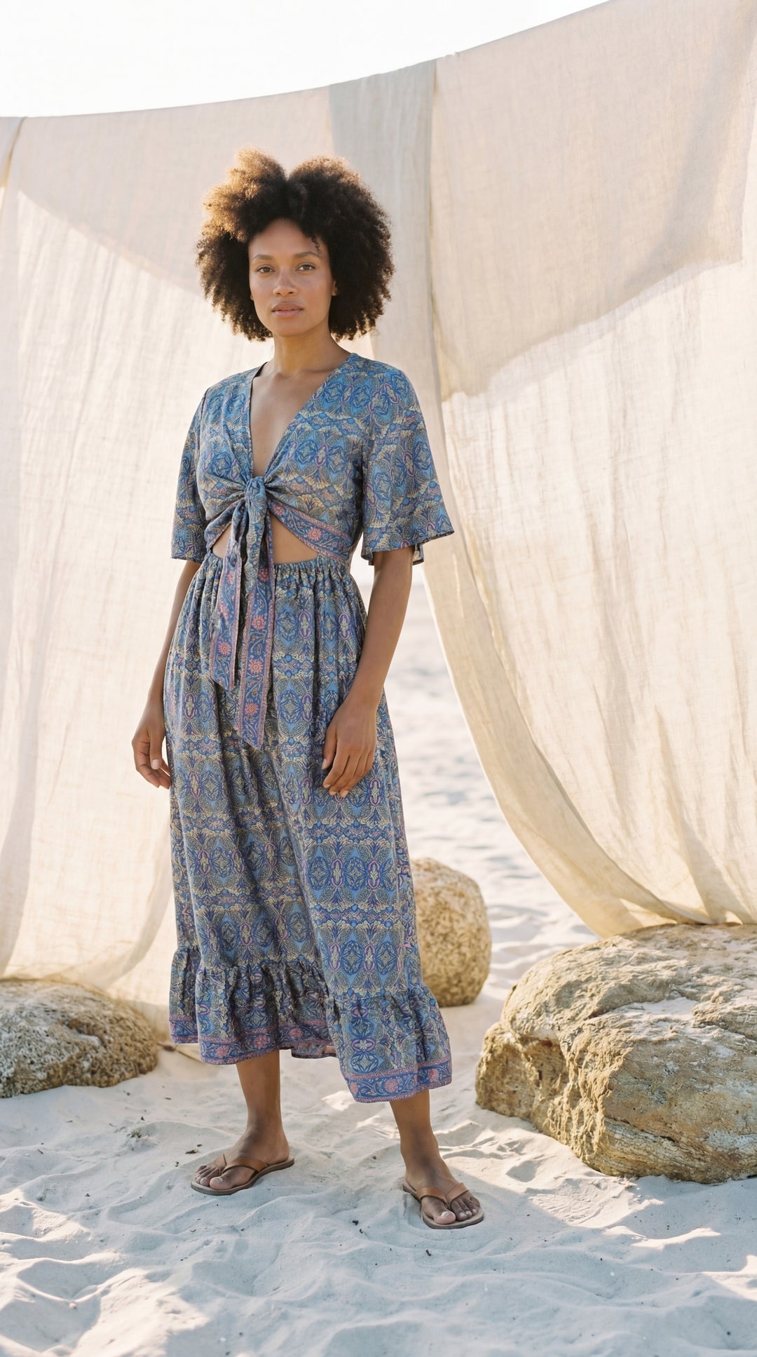 The "Amara" Sari Silk Gown – Ocean Blue & Gold Mandalas