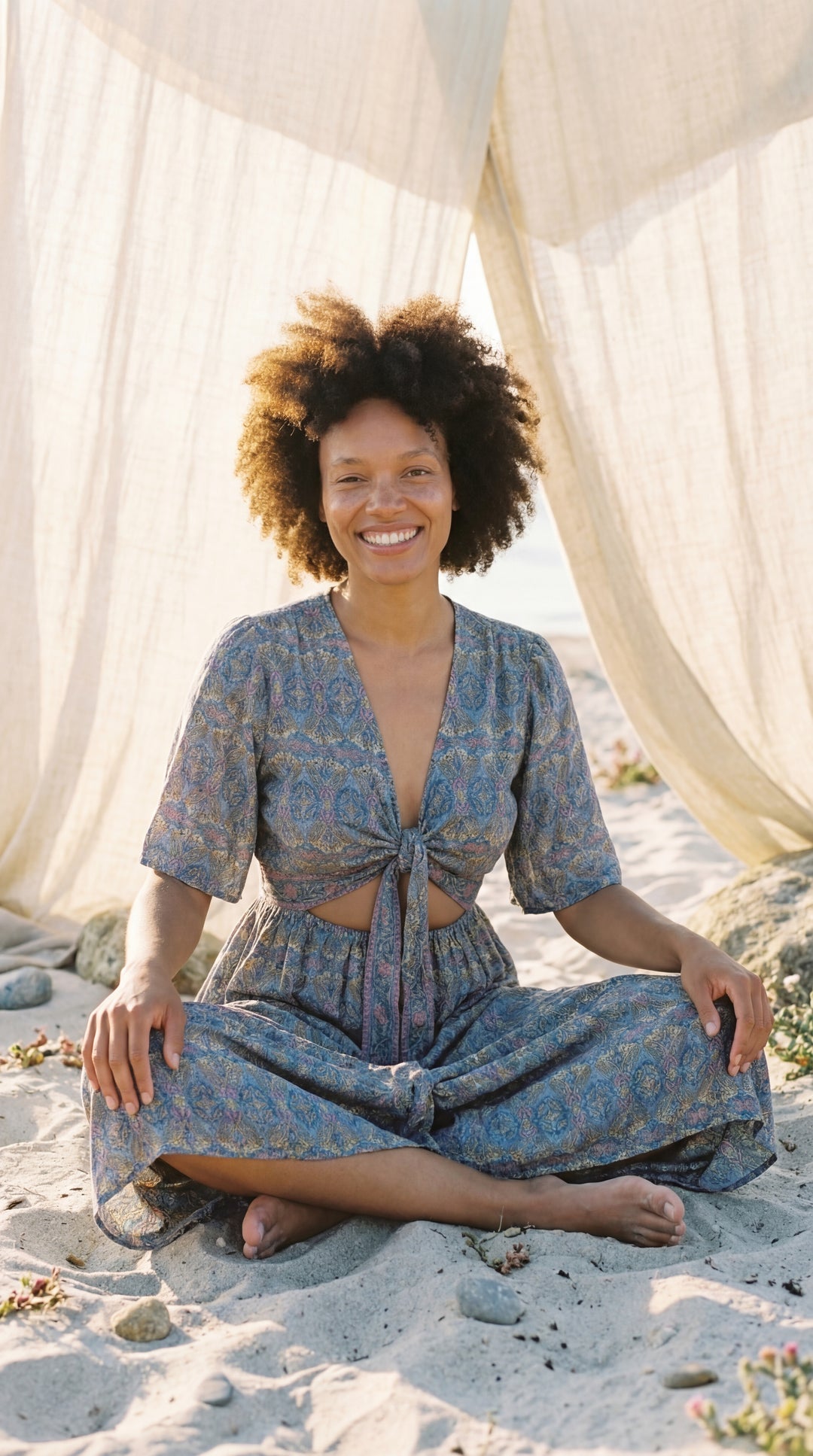 The "Amara" Sari Silk Gown – Ocean Blue & Gold Mandalas