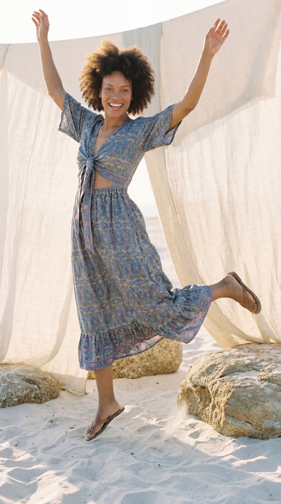 The "Amara" Sari Silk Gown – Ocean Blue & Gold Mandalas