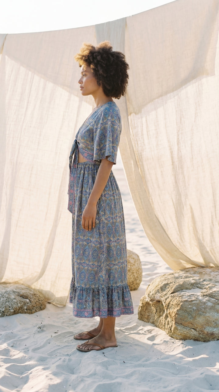 The "Amara" Sari Silk Gown – Ocean Blue & Gold Mandalas