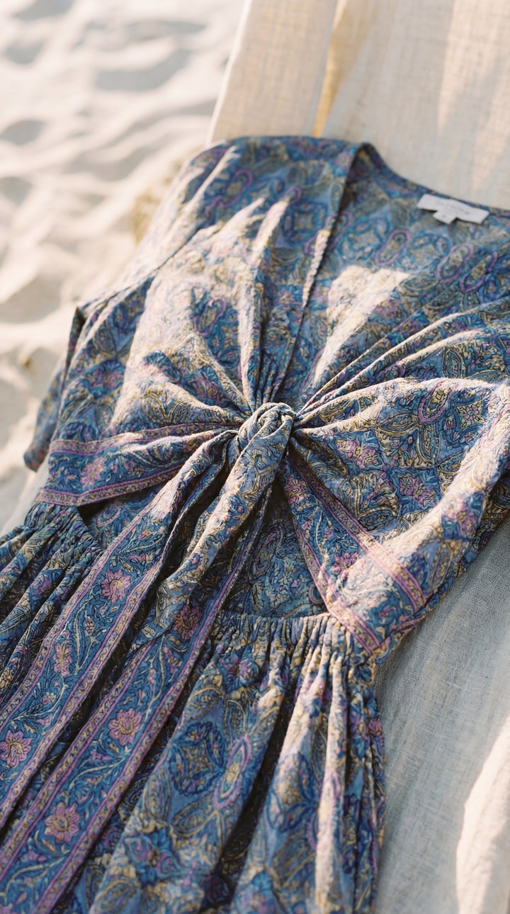 The "Amara" Sari Silk Gown – Ocean Blue & Gold Mandalas