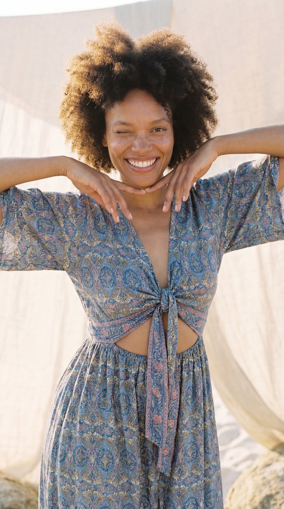 The "Amara" Sari Silk Gown – Ocean Blue & Gold Mandalas