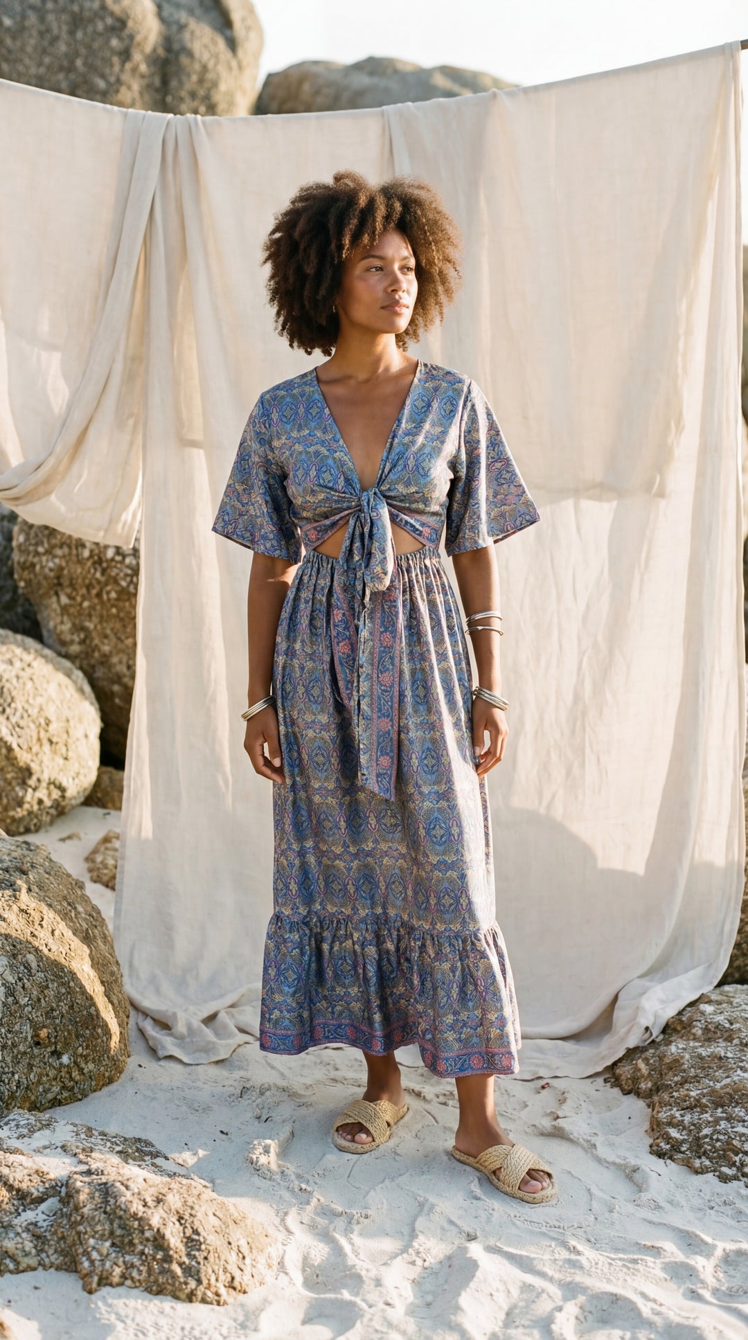 The "Amara" Sari Silk Gown – Ocean Blue & Gold Mandalas