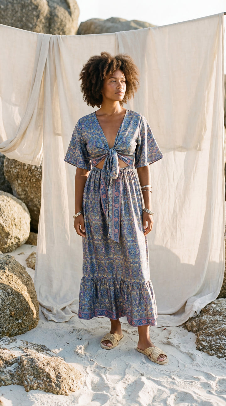 The "Amara" Sari Silk Gown – Ocean Blue & Gold Mandalas