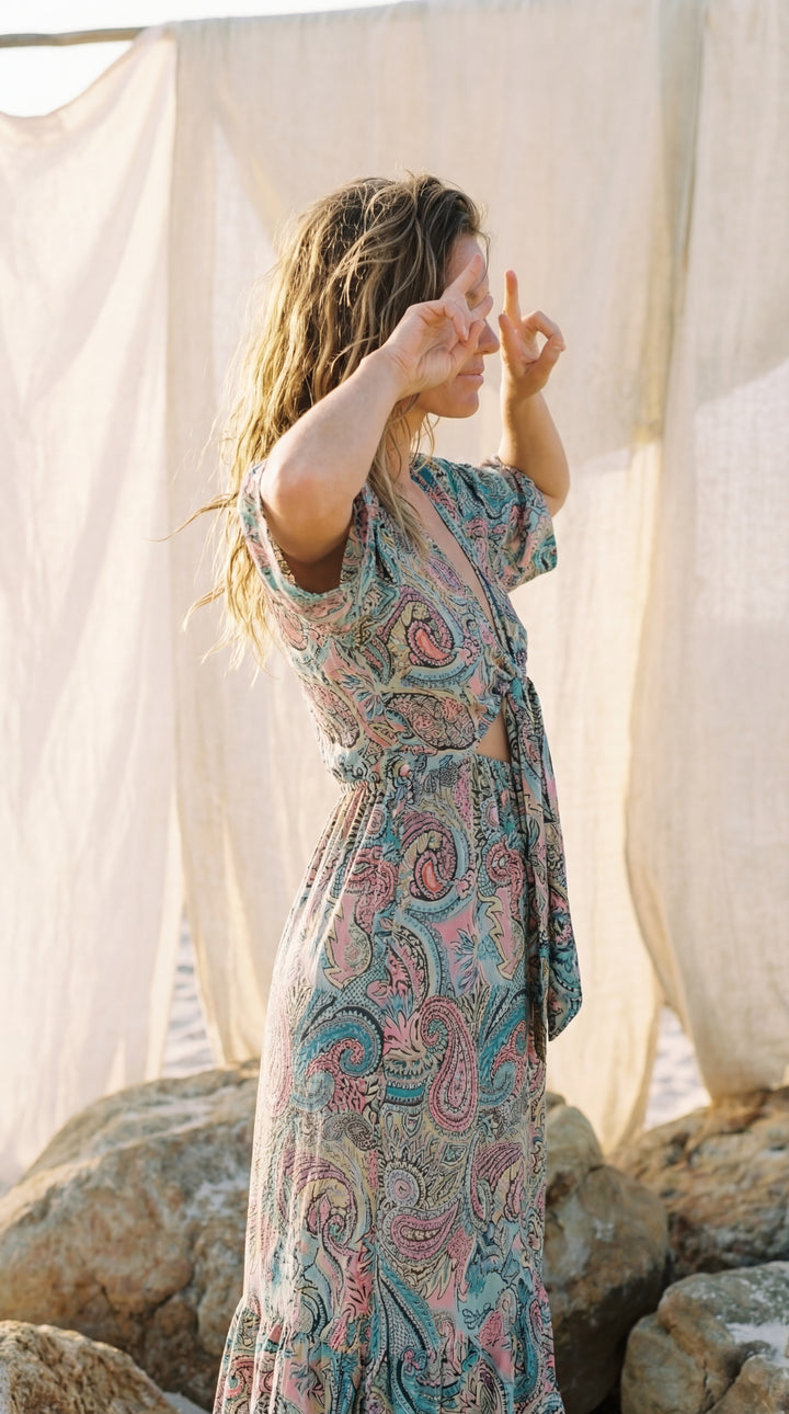 The "Amara" Sari Silk Gown – Ocean Blue & Gold Mandalas