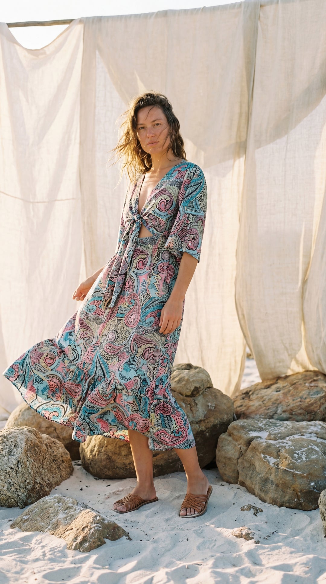 The "Amara" Sari Silk Gown – Ocean Blue & Gold Mandalas