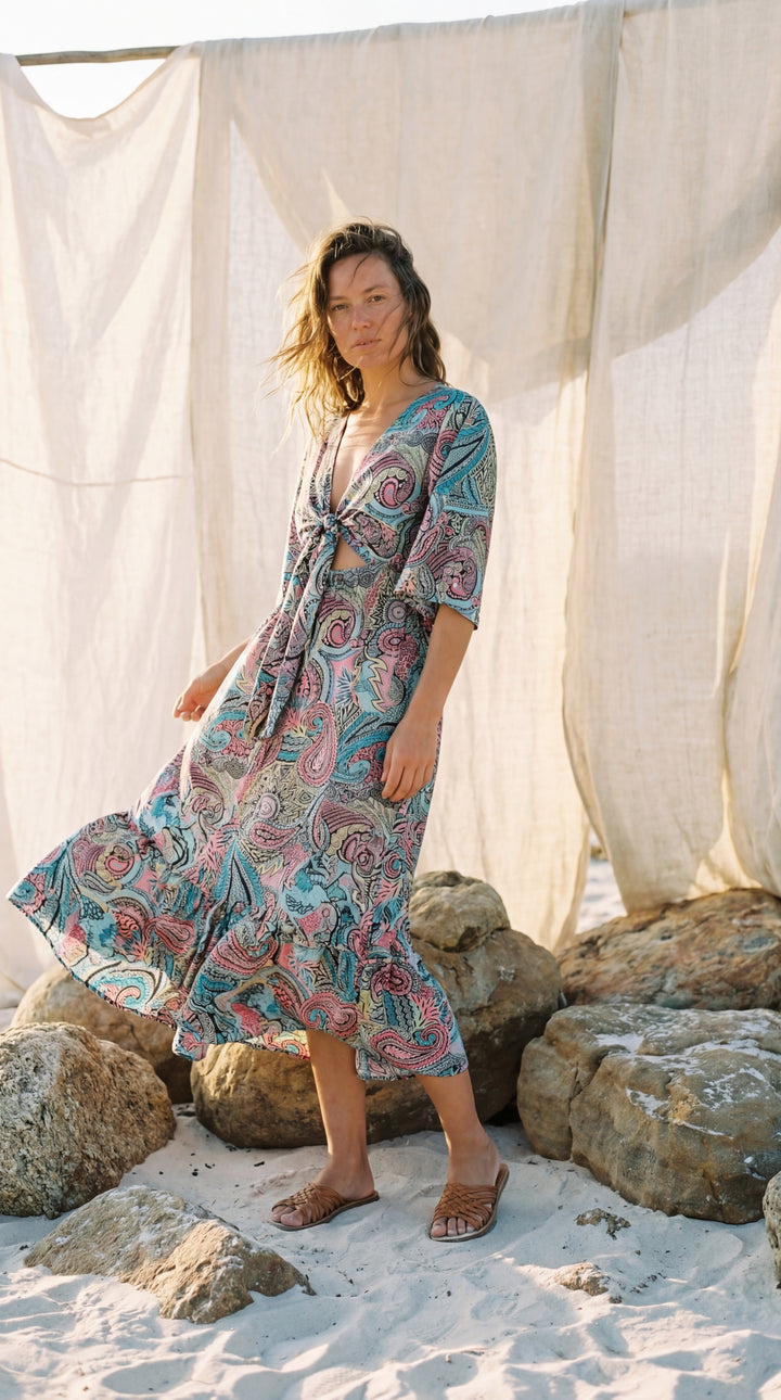 The "Amara" Sari Silk Gown – Ocean Blue & Gold Mandalas