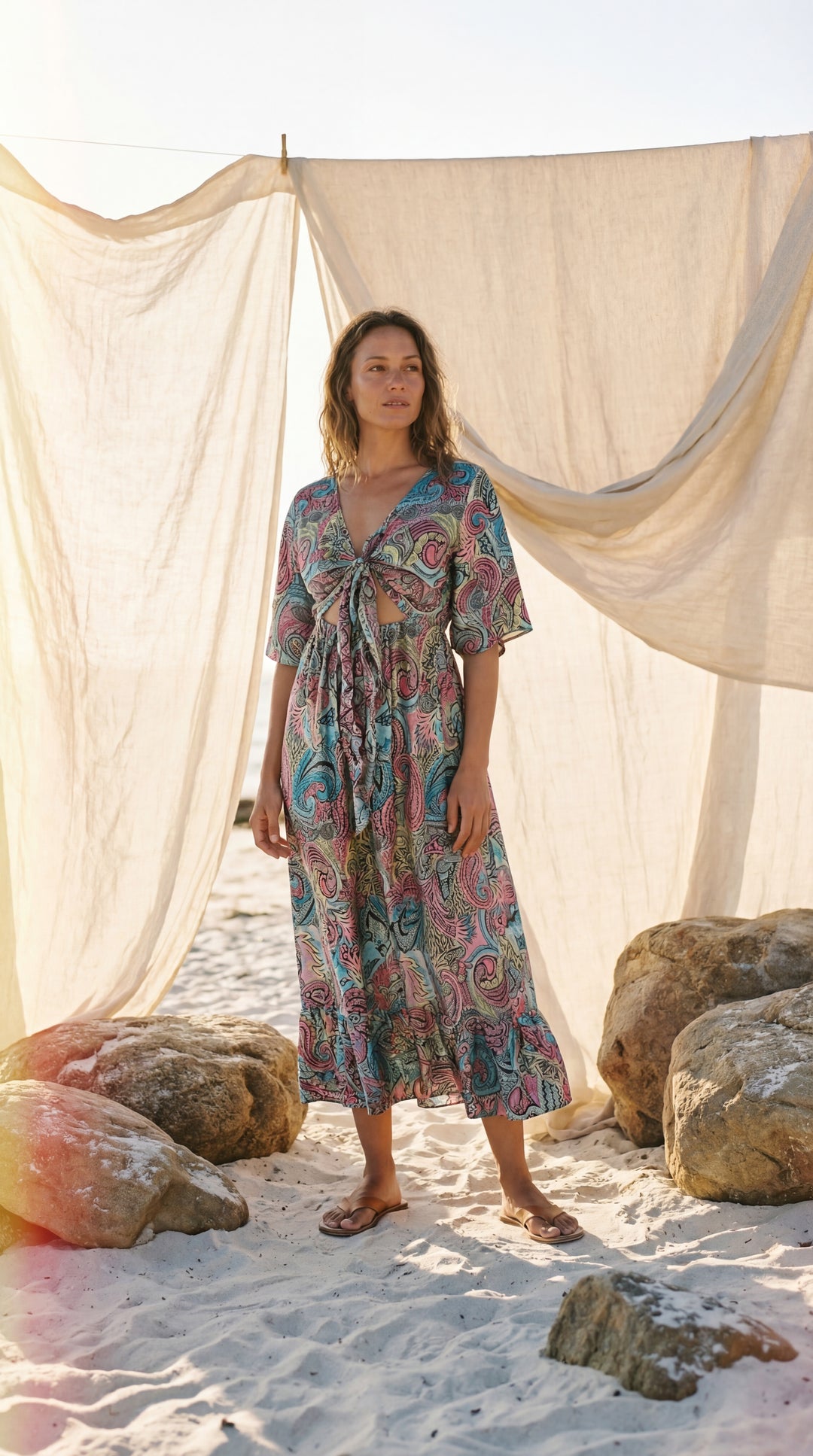 The "Amara" Sari Silk Gown – Ocean Blue & Gold Mandalas